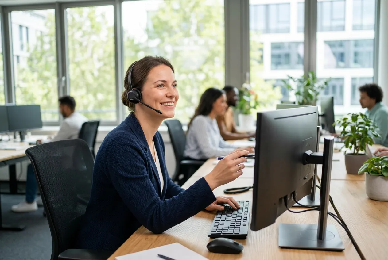 Freundliche Support-Mitarbeiterin mit Headset im Düsseldorfer Büro am Telefon