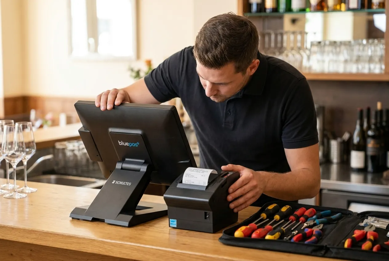 Service-Techniker wartet eine SCHULTES Touch-Kasse und einen Bondrucker an der Theke