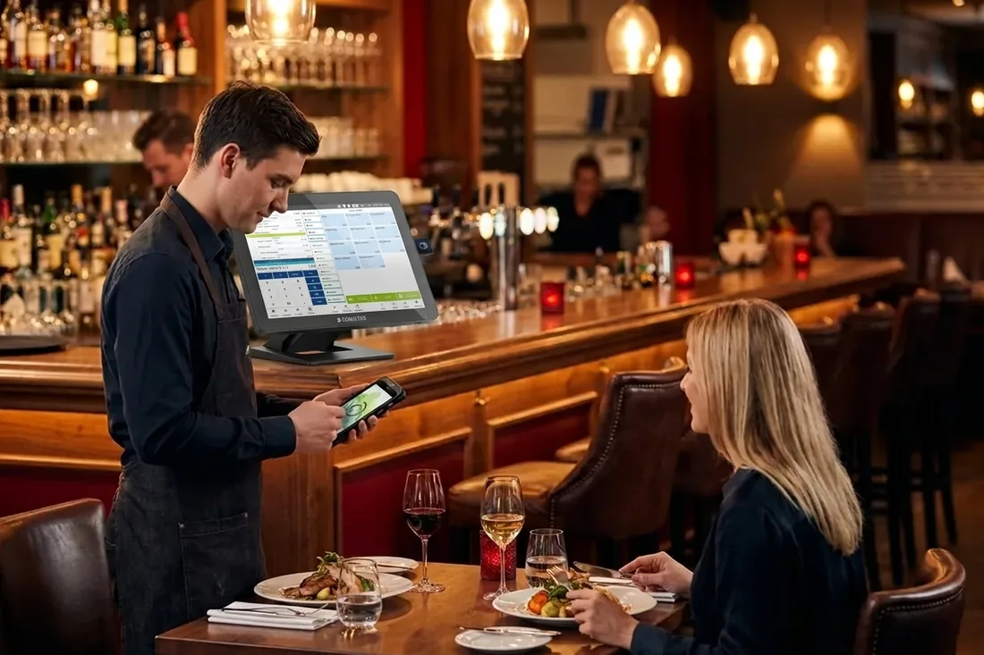 Kellner nimmt im Restaurant eine Bestellung auf, Touch-Kasse an der Bar