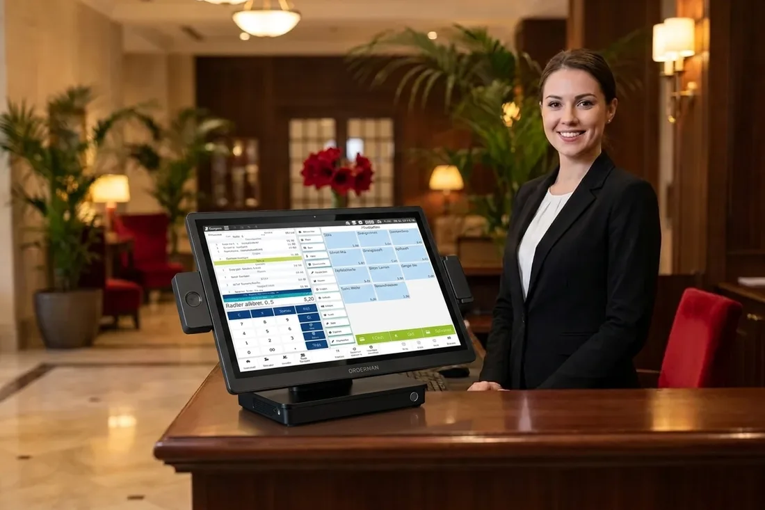 Empfangsmitarbeiterin an der Hotelrezeption mit Touch-Kasse und Kartenterminal