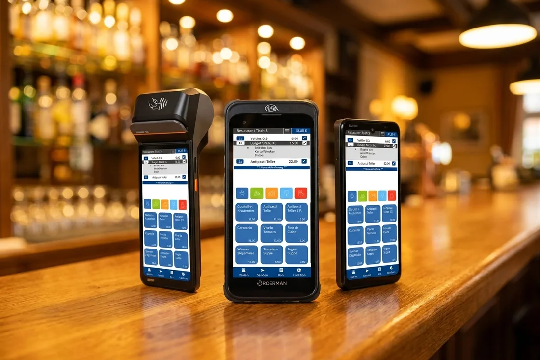 Drei mobile Kassen-Handhelds auf einer Bar: Orderman 10, Sunmi V3 mit Bondrucker und Sunmi H3 mit bluepos®
