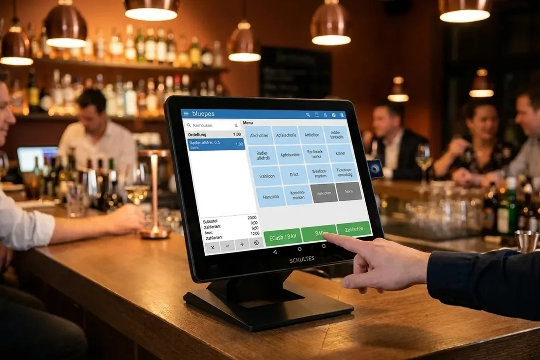 Touch-Kassensystem mit bluepos® an der Theke eines Restaurants