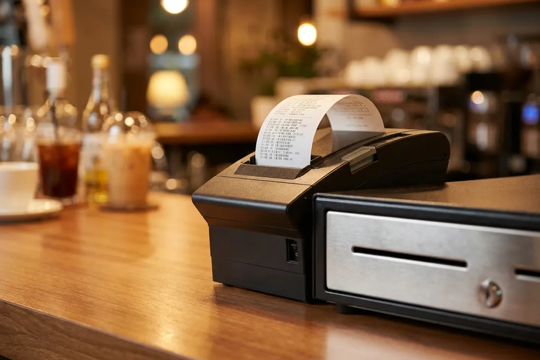 POS-Peripherie: Bondrucker, Scanner und Kassenschublade auf der Theke